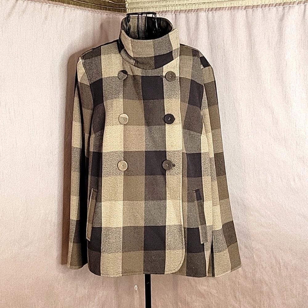 LIZ CLAIBORNE Brown Plaid Double Breasted Coat XL
